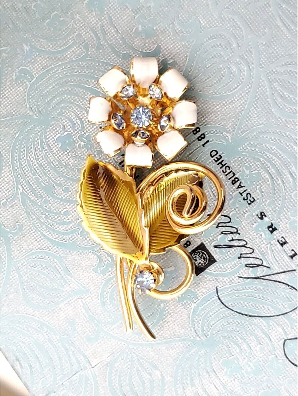 Vintage Enamel and Light Blue Rhinestone Floral Brooch